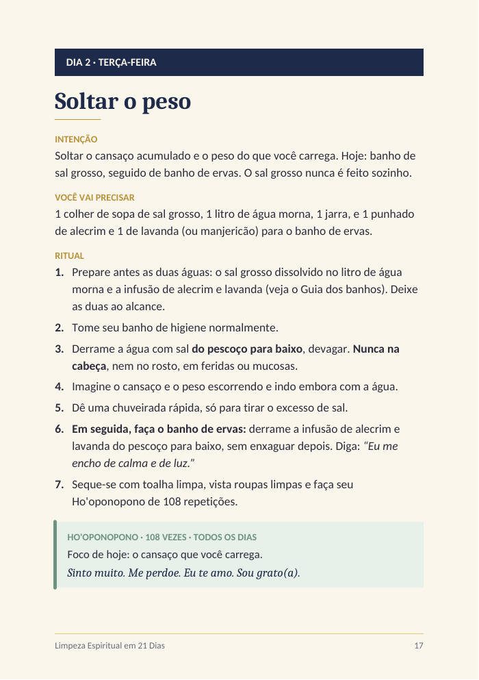 Página do Dia 2 do ebook, com intenção, materiais e ritual
